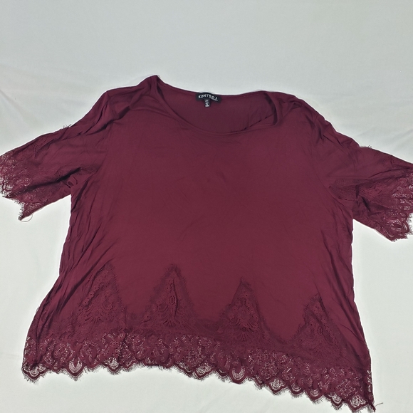 Kontrol Contemporary Shirt Womens 2X Burgundy Lace‎ Trim Short Sleeve Plus Top - Picture 1 of 12